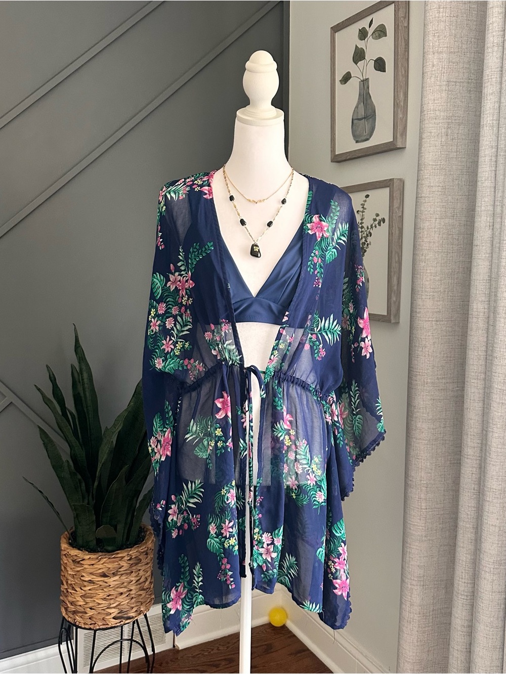 Cupshe swim bra and francesca Navy Floral Sheer Swim Coverup with Drawstring